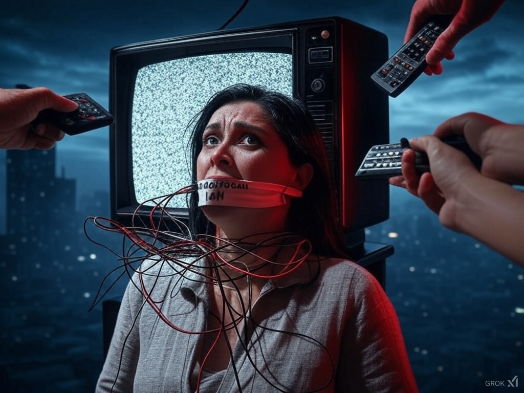 Un televisor antiguo con una pantalla de interferencia siendo manipulado por manos políticas, estilo realista, sombras dramáticas, tono de prensa crítica